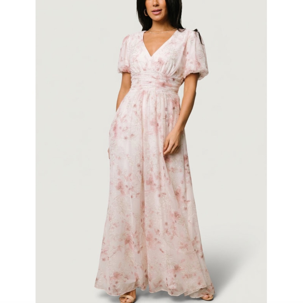 Baltic Born - Ardley Pink Floral Embroidered Puff Sleeve Maxi Dress - Small